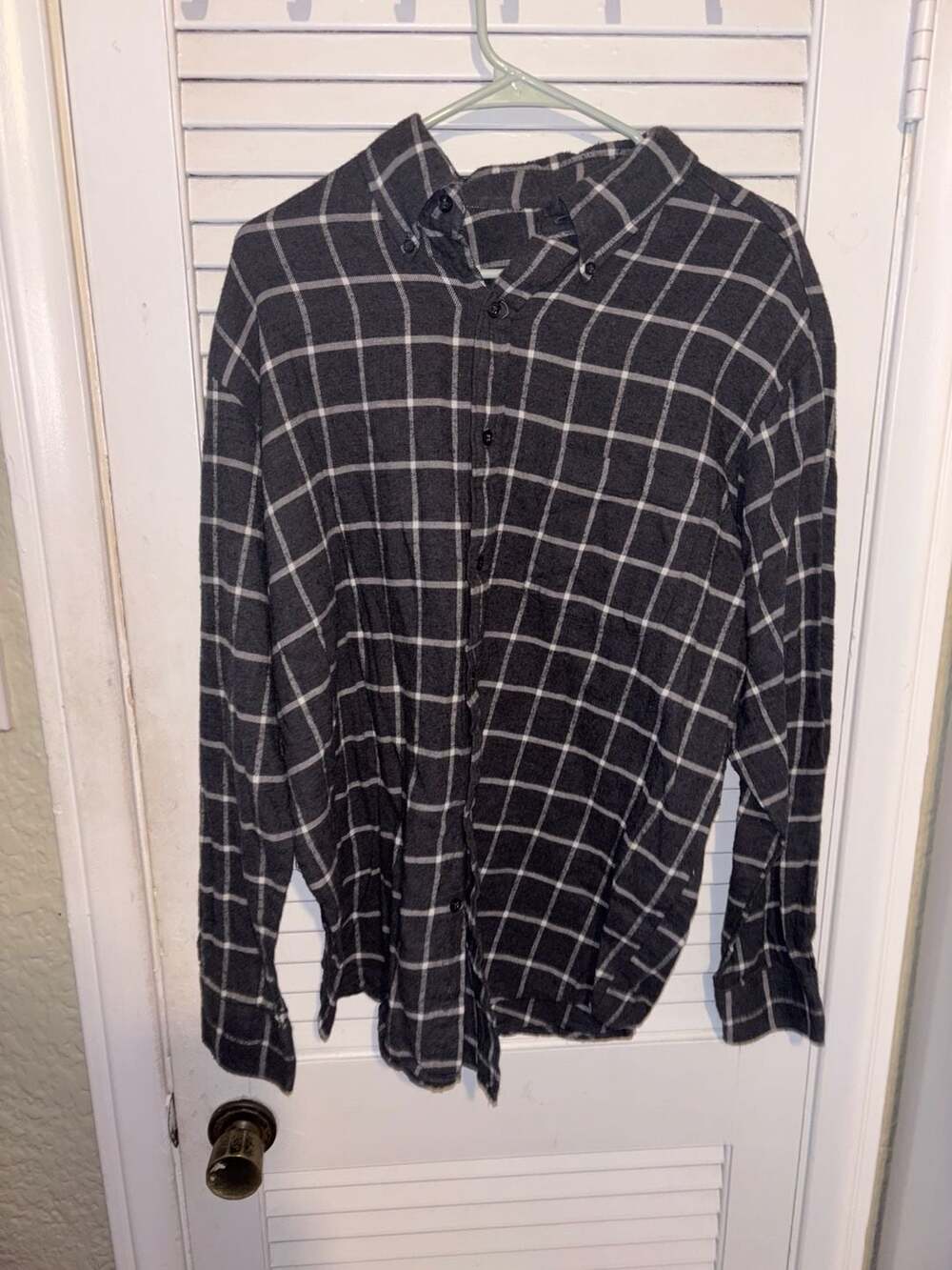 John Ashford Gray and White Windowpane Plaid Button Down Flannel Shirt